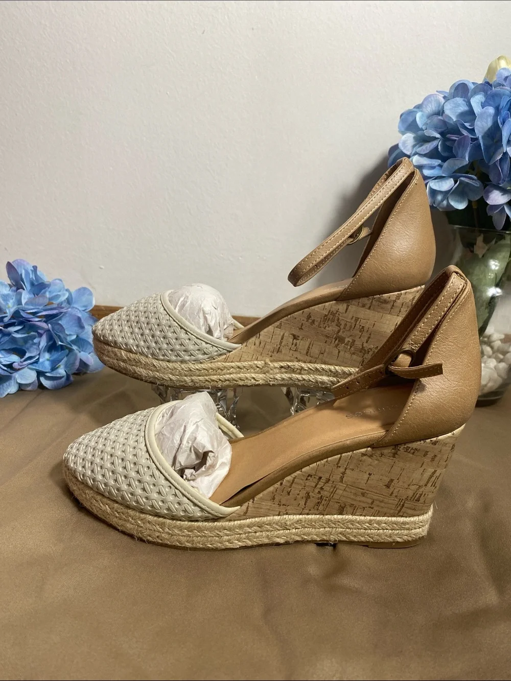 Maurices Cream Woven Espadrille Wedge Sandals with Tan Ankle Strap